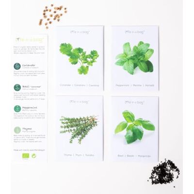 Life in a bag Lot de 4 variétés de graines d'herbes aromatiques, basilic, thym, coriandre, menthe, graines écologiques de plantes aromatiques - Publicité Life in a bag Lot de 4 variétés de graines d'herbes aromatiques, basilic, thym, coriandre, menthe, graines écologiques de plantes aromatiques - Publicité
