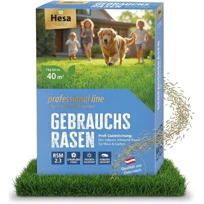 Hesa Professional Line Graines de gazon d'utilité 1 kg pour 40 m² RSM 2.3 Graines de gazon à germination rapide pour gazon de sport et de jeu, graines d'herbe résistantes et robustes de qualité - Publicité Hesa Professional Line Graines de gazon d'utilité 1 kg pour 40 m² RSM 2.3 Graines de gazon à germination rapide pour gazon de sport et de jeu, graines d'herbe résistantes et robustes de qualité - Publicité