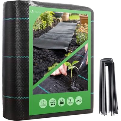 vounot ® Toile de Paillage 1Mx25M avec 50pcs de Piquets Contre Les Mauvais Herbes en Fibres de Polypropylène Tissées Anti-UV 100g/m2 Résistant Aux Déchirures Piquets de Fixation Fournis - Publicité vounot ® Toile de Paillage 1Mx25M avec 50pcs de Piquets Contre Les Mauvais Herbes en Fibres de Polypropylène Tissées Anti-UV 100g/m2 Résistant Aux Déchirures Piquets de Fixation Fournis - Publicité