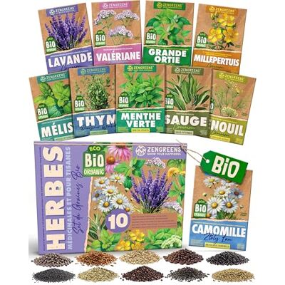 zengreens ® Kit de Graines d'Herbes à Tisane bio 10 variétés anciennes - Publicité zengreens ® Kit de Graines d'Herbes à Tisane bio 10 variétés anciennes - Publicité