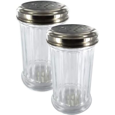 Fackelmann Lot de 2 saupoudreuses verre et inox pour sucre ou parmesan - Publicité Fackelmann Lot de 2 saupoudreuses verre et inox pour sucre ou parmesan - Publicité