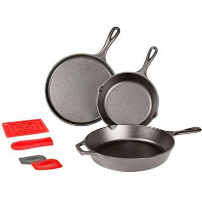 Lodge Batterie de cuisine en fonte naturelle 3 pièces 2 poêles, Crêpière + Accessoires Sain et sans PFAS Tous feux dont induction, four & BBQ Made in USA - Publicité Lodge Batterie de cuisine en fonte naturelle 3 pièces 2 poêles, Crêpière + Accessoires Sain et sans PFAS Tous feux dont induction, four & BBQ Made in USA - Publicité