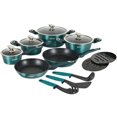 Herzberg Batterie de Cuisine 15 Pièces Revêtement Marbre HGMETBL15, Bleu aluminium, revêtement marbre antiadhésif, couvercles en verre, ustensiles inclus, compatible induction, tous feux - Publicité Herzberg Batterie de Cuisine 15 Pièces Revêtement Marbre HGMETBL15, Bleu aluminium, revêtement marbre antiadhésif, couvercles en verre, ustensiles inclus, compatible induction, tous feux - Publicité