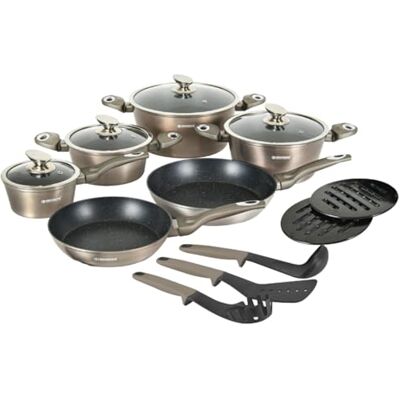 Herzberg Batterie de Cuisine 15 Pièces Revêtement Marbre HGMETCR15, Carbone aluminium, revêtement marbre antiadhésif, couvercles en verre, ustensiles inclus, compatible induction, tous feux - Publicité Herzberg Batterie de Cuisine 15 Pièces Revêtement Marbre HGMETCR15, Carbone aluminium, revêtement marbre antiadhésif, couvercles en verre, ustensiles inclus, compatible induction, tous feux - Publicité