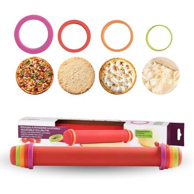 mastrad – Rouleau à Pâtisserie Ajustable en Silicone Rouge – 4 Anneaux Réglables (2, 4, 6, 8 mm) – Revêtement 100 % Silicone – Corps Inox – Antidérapant & Facile à Nettoyer – Accessoire de Pâtisserie - Publicité mastrad – Rouleau à Pâtisserie Ajustable en Silicone Rouge – 4 Anneaux Réglables (2, 4, 6, 8 mm) – Revêtement 100 % Silicone – Corps Inox – Antidérapant & Facile à Nettoyer – Accessoire de Pâtisserie - Publicité