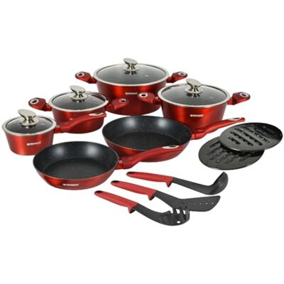 Herzberg Batterie de Cuisine 15 Pièces Revêtement Marbre HGMETRD15, Rouge - Publicité Herzberg Batterie de Cuisine 15 Pièces Revêtement Marbre HGMETRD15, Rouge - Publicité