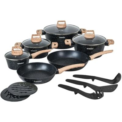 Herzberg Batterie de Cuisine 15 Pièces Aluminium Forgé HGWDMRB15, Noir - Publicité Herzberg Batterie de Cuisine 15 Pièces Aluminium Forgé HGWDMRB15, Noir - Publicité