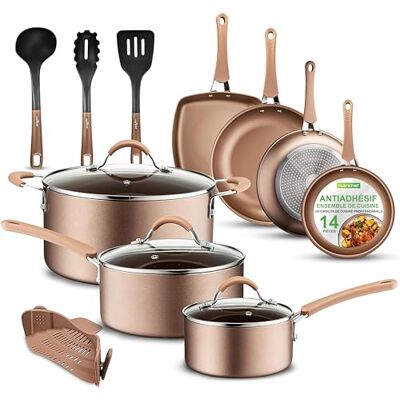 Nutrichef Batterie de Cuisine Antiadhésive, Poele et Casserole Induction, Comprenant Casseroles, Poêles, Cocotte, Couvercles et Ustensiles de Cuisine, 14 Pièces, Doré Brillant - Publicité Nutrichef Batterie de Cuisine Antiadhésive, Poele et Casserole Induction, Comprenant Casseroles, Poêles, Cocotte, Couvercles et Ustensiles de Cuisine, 14 Pièces, Doré Brillant - Publicité