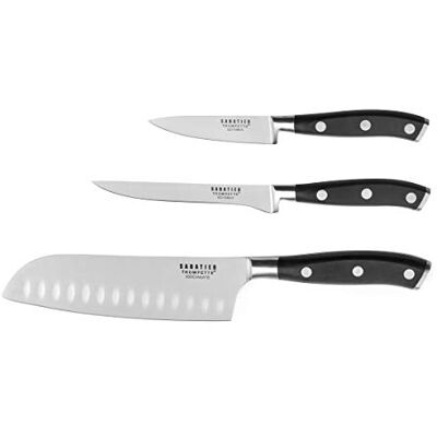 SABATIER TROMPETTE Ensemble 3 couteaux de cuisine Vulcano Acier 5Cr15MoV Finition Satinée Noir - Publicité SABATIER TROMPETTE Ensemble 3 couteaux de cuisine Vulcano Acier 5Cr15MoV Finition Satinée Noir - Publicité