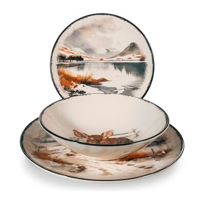 H&H , Set de table Silent Snow 12 pièces Assiettes en Stoneware avec décoration bois d'hiver et fachette, parfait pour automne/hiver/Noël et maisons à la montagne - Publicité H&H , Set de table Silent Snow 12 pièces Assiettes en Stoneware avec décoration bois d'hiver et fachette, parfait pour automne/hiver/Noël et maisons à la montagne - Publicité