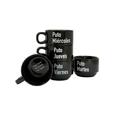 FISURA - Ensemble de 5 mugs en céramique "p*ta semaine" - Noir - Tasses avec messages amusants - Publicité FISURA - Ensemble de 5 mugs en céramique "p*ta semaine" - Noir - Tasses avec messages amusants - Publicité