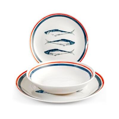 H&H , Service de table 18 pièces Nautica forme coupe, en porcelaine, blanc, décor sardine thème marin, lavable au lave-vaisselle - Publicité H&H , Service de table 18 pièces Nautica forme coupe, en porcelaine, blanc, décor sardine thème marin, lavable au lave-vaisselle - Publicité