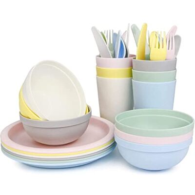 Spesh Lot de 6 (36 pièces) d'assiettes et bols en plastique réutilisables comprenant des bols, assiettes, tasses, couteaux, fourchettes, cuillères - Publicité Spesh Lot de 6 (36 pièces) d'assiettes et bols en plastique réutilisables comprenant des bols, assiettes, tasses, couteaux, fourchettes, cuillères - Publicité