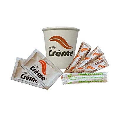 CAFFÈ CRÈME Serti de 100 sachets de sucre extra fins + 100 gobelets en papier + 100 palettes biodégradables - Publicité CAFFÈ CRÈME Serti de 100 sachets de sucre extra fins + 100 gobelets en papier + 100 palettes biodégradables - Publicité