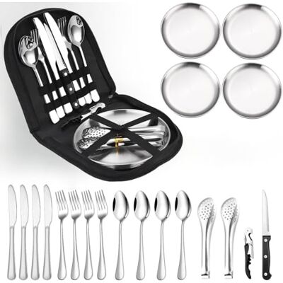 Beler Set de vaisselle de camping pour 4 personnes, 20 pièces Set de couverts de camping portable, couverts de camping en acier inoxydable avec pochette à couverts, fourchettes, couteaux et cuillères, réuti - Publicité Beler Set de vaisselle de camping pour 4 personnes, 20 pièces Set de couverts de camping portable, couverts de camping en acier inoxydable avec pochette à couverts, fourchettes, couteaux et cuillères, réuti - Publicité