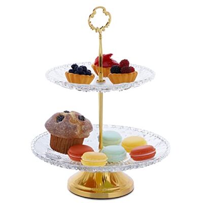 Relaxdays Présentoir à gâteaux, Verre et Fer, H x D : 30 x 23 cm, Plat de Service, 2 étages, Transparent/doré - Publicité Relaxdays Présentoir à gâteaux, Verre et Fer, H x D : 30 x 23 cm, Plat de Service, 2 étages, Transparent/doré - Publicité
