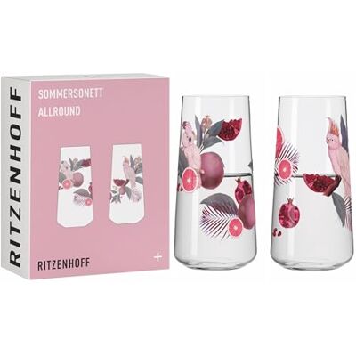 RITZENHOFF 6151002 Lot de 2 verres universels, 600 ml, série Sommersonett, motif cacatoès, fabriqués en Allemagne, Rose, Gris. Publicité RITZENHOFF 6151002 Lot de 2 verres universels, 600 ml, série Sommersonett, motif cacatoès, fabriqués en Allemagne, Rose, Gris. Publicité