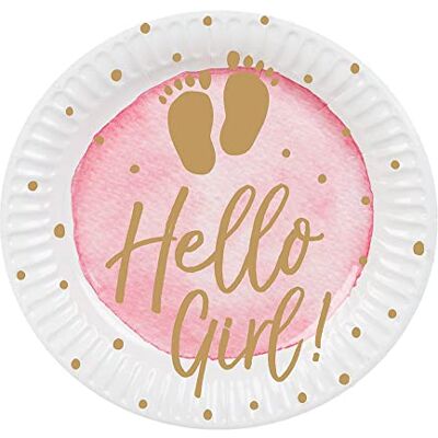 Boland 10 assiettes en carton hello girl rose et or 23 cm pour baby shower Rose Taille Unique - Publicité Boland 10 assiettes en carton hello girl rose et or 23 cm pour baby shower Rose Taille Unique - Publicité