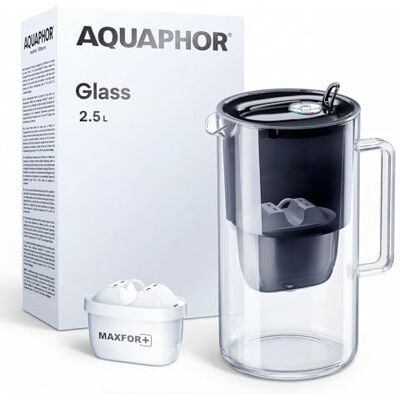 AQUAPHOR Carafe Filtrante en Verre avec 1 filtre MAXFOR+ 200 L Capacité 2,5 L Noir - Publicité AQUAPHOR Carafe Filtrante en Verre avec 1 filtre MAXFOR+ 200 L Capacité 2,5 L Noir - Publicité
