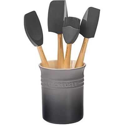 LE CREUSET Silicone Craft Series Ensemble d'ustensiles avec Pot en grès, 5 pièces, huître - Publicité LE CREUSET Silicone Craft Series Ensemble d'ustensiles avec Pot en grès, 5 pièces, huître - Publicité