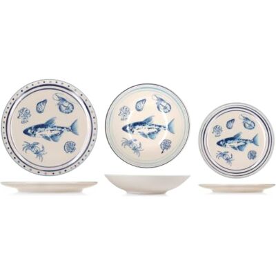 H&H Adriatic Service de Table 18 Pièces en Grès Décoré, Vaisselle Complète pour 6 Personnes, Design Marin avec Poissons, Crustacés et Coquillages Bleus - Publicité H&H Adriatic Service de Table 18 Pièces en Grès Décoré, Vaisselle Complète pour 6 Personnes, Design Marin avec Poissons, Crustacés et Coquillages Bleus - Publicité