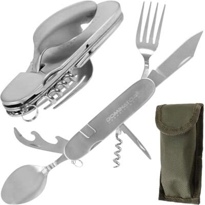 DOMINATOR URBAN COMBAT Set d'ustensiles de camping 6 en 1, ensemble touristique couteau, fourchette, cuillère, tire-bouchon, décapsuleur, ouvre-boîte, couverts touristiques en acier inoxydable avec - Publicité DOMINATOR URBAN COMBAT Set d'ustensiles de camping 6 en 1, ensemble touristique couteau, fourchette, cuillère, tire-bouchon, décapsuleur, ouvre-boîte, couverts touristiques en acier inoxydable avec - Publicité