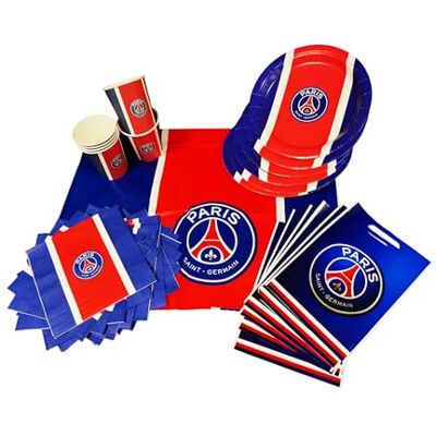 PSG Kit fête 39 pièces 6 assiettes 6 gobelets 20 serviettes 6 sacs 1 nappe Collection officielle PARIS SAINT GERMAIN - Publicité PSG Kit fête 39 pièces 6 assiettes 6 gobelets 20 serviettes 6 sacs 1 nappe Collection officielle PARIS SAINT GERMAIN - Publicité