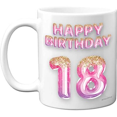 Stuff4 Tasse à café en céramique pour 18e anniversaire pour femme – Ballons à paillettes roses et violets – Tasse d'anniversaire pour fille de 18 ans, sœur, petite-fille, cousine, amie, 325 ml – Passe au - Publicité Stuff4 Tasse à café en céramique pour 18e anniversaire pour femme – Ballons à paillettes roses et violets – Tasse d'anniversaire pour fille de 18 ans, sœur, petite-fille, cousine, amie, 325 ml – Passe au - Publicité