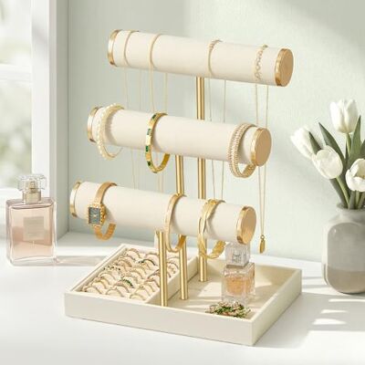 SONGMICS Porte-Bracelet, Présentoir à Bijoux, Support Bracelet, 3 Niveaux, Plateaux en Velours, Support Amovible, Blanc Crème et Doré Clair JJS027W101 - Publicité SONGMICS Porte-Bracelet, Présentoir à Bijoux, Support Bracelet, 3 Niveaux, Plateaux en Velours, Support Amovible, Blanc Crème et Doré Clair JJS027W101 - Publicité