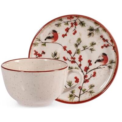 H&H Lot de 2 tasses à thé Red Delight avec soucoupes, 200 ml, élégantes tasses en grès avec baies rouges et rouges-gorges, parfaites pour l'hiver et les fêtes - Publicité H&H Lot de 2 tasses à thé Red Delight avec soucoupes, 200 ml, élégantes tasses en grès avec baies rouges et rouges-gorges, parfaites pour l'hiver et les fêtes - Publicité