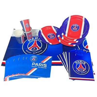 PSG Kit fête 39 pièces 6 assiettes 6 gobelets 20 serviettes 6 sacs 1 nappe Collection officielle PARIS SAINT GERMAIN - Publicité PSG Kit fête 39 pièces 6 assiettes 6 gobelets 20 serviettes 6 sacs 1 nappe Collection officielle PARIS SAINT GERMAIN - Publicité
