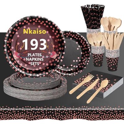 Nkaiso 141pcs Noir et Rose Or Party Vaisselle,Kit Vaisselles Anniversaire Assiette Dîner Papier Tasse Serviette Réutilisable couverts, Enfants Party Fête Mariages Baby Shower Noël, 20 invités - Publicité Nkaiso 141pcs Noir et Rose Or Party Vaisselle,Kit Vaisselles Anniversaire Assiette Dîner Papier Tasse Serviette Réutilisable couverts, Enfants Party Fête Mariages Baby Shower Noël, 20 invités - Publicité