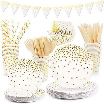 VIPNAJI Assiette Blanche Or 176PCS Assiette Carton Blanc Serviettes Gobelet Fourchettes Couteaux Bannière, Vaisselle en carton recyclable,pour les fêtes d'anniversaire et Noël, Mariages(25 invités) - Publicité VIPNAJI Assiette Blanche Or 176PCS Assiette Carton Blanc Serviettes Gobelet Fourchettes Couteaux Bannière, Vaisselle en carton recyclable,pour les fêtes d'anniversaire et Noël, Mariages(25 invités) - Publicité