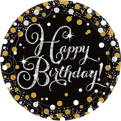 amscan Assiettes en Carton, Noir/Or, Happy Birthday - Publicité amscan Assiettes en Carton, Noir/Or, Happy Birthday - Publicité