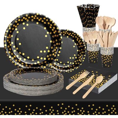 Nkaiso 193pcs Noir Or Party Vaisselle,Kit Vaisselles Anniversaire Assiette Dîner Papier Tasse Serviette Vaisselle réutilisable, Enfants Party Fête Mariages Baby Shower Noël, 24 invités - Publicité Nkaiso 193pcs Noir Or Party Vaisselle,Kit Vaisselles Anniversaire Assiette Dîner Papier Tasse Serviette Vaisselle réutilisable, Enfants Party Fête Mariages Baby Shower Noël, 24 invités - Publicité