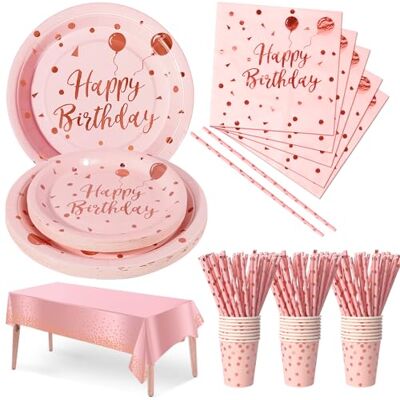 Nkaiso Anniversaire Party Vaisselle,121pcs Pink et Rose Or Kit Vaisselles Papier Assiette Tasse Serviette, Enfants Fête Anniversaire Décoration -24 invités - Publicité Nkaiso Anniversaire Party Vaisselle,121pcs Pink et Rose Or Kit Vaisselles Papier Assiette Tasse Serviette, Enfants Fête Anniversaire Décoration -24 invités - Publicité