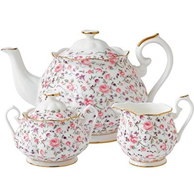 Royal Albert Modern Vintage ROSCON25823 Théière, boîte à Sucre, crème, Ensemble de 3 pièces, confettis Roses, Porcelaine, Blanc, 3 pièces - Publicité Royal Albert Modern Vintage ROSCON25823 Théière, boîte à Sucre, crème, Ensemble de 3 pièces, confettis Roses, Porcelaine, Blanc, 3 pièces - Publicité