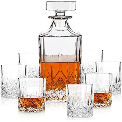 Viski Admiral Lot de 8 décanteurs et verres transparents sans plomb pour scotch et whisky 887 ml et 266 ml - Publicité Viski Admiral Lot de 8 décanteurs et verres transparents sans plomb pour scotch et whisky 887 ml et 266 ml - Publicité
