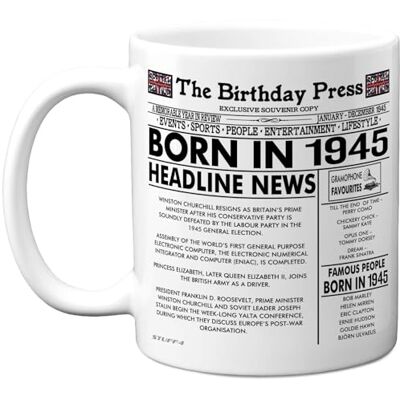 Stuff4 Tasse à café en céramique pour 80e anniversaire Cadeau pour homme et femme Journal Born in 1945-325 ml - Publicité Stuff4 Tasse à café en céramique pour 80e anniversaire Cadeau pour homme et femme Journal Born in 1945-325 ml - Publicité