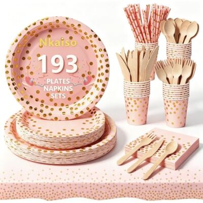 Nkaiso 193pcs Pink Or Party Vaisselle,Kit Vaisselles Anniversaire Assiette Dîner Papier Tasse Serviette Réutilisable couverts, Enfants Party Fête Mariages Noël, 24 invités - Publicité Nkaiso 193pcs Pink Or Party Vaisselle,Kit Vaisselles Anniversaire Assiette Dîner Papier Tasse Serviette Réutilisable couverts, Enfants Party Fête Mariages Noël, 24 invités - Publicité