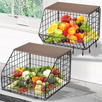 YADOBIG 2 Pièces Corbeille à Fruits Suspendue, Panier a Fruit en Métal Cuisine Avec 4 Crochets et Couvercle en Bois, Empilable et Mural pour Stockage des Fruits et Légumes, Noir, 1 Grande 1 Petite - Publicité YADOBIG 2 Pièces Corbeille à Fruits Suspendue, Panier a Fruit en Métal Cuisine Avec 4 Crochets et Couvercle en Bois, Empilable et Mural pour Stockage des Fruits et Légumes, Noir, 1 Grande 1 Petite - Publicité