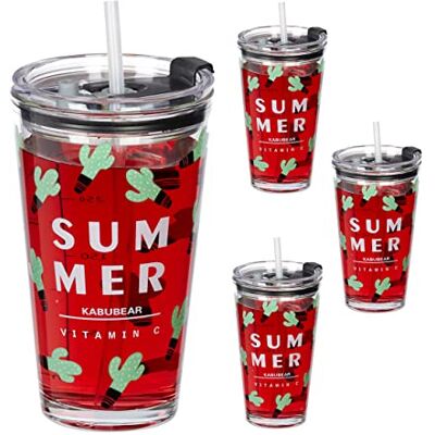 Relaxdays Gobelet en Lot de 4, Motif Cactus, Couvercle et Paille, Graduation 450 ML, Verre, pour Enfants, Transparent - Publicité Relaxdays Gobelet en Lot de 4, Motif Cactus, Couvercle et Paille, Graduation 450 ML, Verre, pour Enfants, Transparent - Publicité