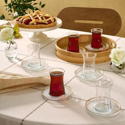 KARACA Nilufer Service à thé 6 verres avec soucoupes Transparent avec bordure dorée 12 cm - Publicité KARACA Nilufer Service à thé 6 verres avec soucoupes Transparent avec bordure dorée 12 cm - Publicité