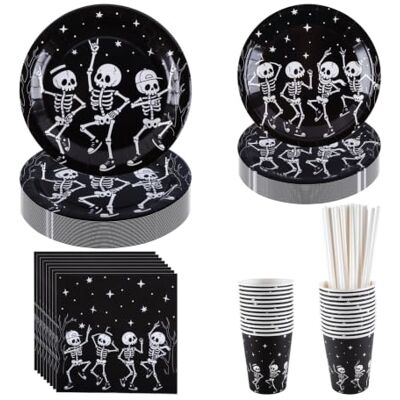 CEILIWEN Service de table en papier pour Halloween pour 25 invités Ensemble d'assiettes, tasses et serviettes de table Motif tête de mort Noir et blanc Pour Halloween, fête costumée - Publicité CEILIWEN Service de table en papier pour Halloween pour 25 invités Ensemble d'assiettes, tasses et serviettes de table Motif tête de mort Noir et blanc Pour Halloween, fête costumée - Publicité