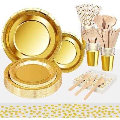 Nkaiso 193 pcs Or Party Vaisselle,Kit Vaisselles Anniversaire Assiette Dîner Papier Tasse Serviette Couverts Jetables, Enfants Party Fête Mariages Noël, 24 invités - Publicité Nkaiso 193 pcs Or Party Vaisselle,Kit Vaisselles Anniversaire Assiette Dîner Papier Tasse Serviette Couverts Jetables, Enfants Party Fête Mariages Noël, 24 invités - Publicité