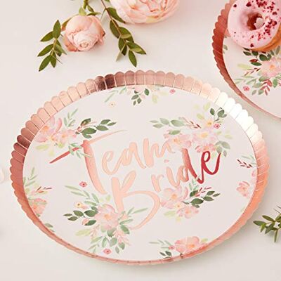 Ginger Ray Lot de 8 assiettes en carton pour enterrement de vie de jeune fille Inscription en anglais « Team Bride » et motif floral Or rose - Publicité Ginger Ray Lot de 8 assiettes en carton pour enterrement de vie de jeune fille Inscription en anglais « Team Bride » et motif floral Or rose - Publicité