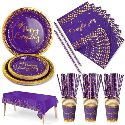 Nkaiso 126pcs Violet Or Party Vaisselle,Kit Vaisselles Anniversaire Assiette Dîner Papier Tasse Serviette, Enfants Party Fête Mariages Baby Shower Noël -25 invités - Publicité Nkaiso 126pcs Violet Or Party Vaisselle,Kit Vaisselles Anniversaire Assiette Dîner Papier Tasse Serviette, Enfants Party Fête Mariages Baby Shower Noël -25 invités - Publicité