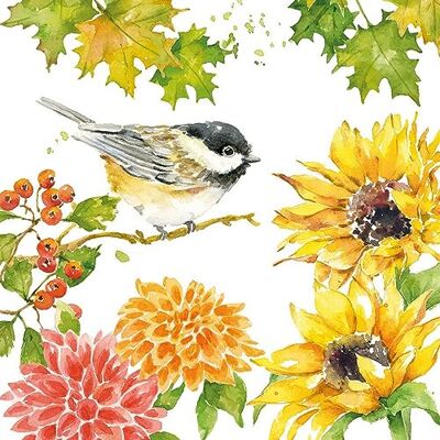 PPD Lot de 20 serviettes en papier avec motif oiseau sur tournesols et dahlias 33 x 33 cm - Publicité PPD Lot de 20 serviettes en papier avec motif oiseau sur tournesols et dahlias 33 x 33 cm - Publicité