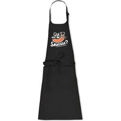 La French Touch Tablier homme humour Qui veut ma saucisse 100% coton bio Imprimé en France Cadeau Cuisine Humour original rigolo (Noir) - Publicité La French Touch Tablier homme humour Qui veut ma saucisse 100% coton bio Imprimé en France Cadeau Cuisine Humour original rigolo (Noir) - Publicité