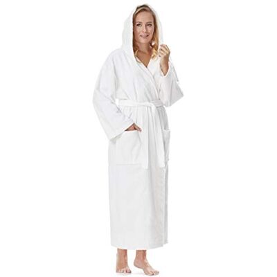 Arus Peignoir de bain pour femmes avec capuchon, longueur mollet, Blanc pur, S-M - Publicité Arus Peignoir de bain pour femmes avec capuchon, longueur mollet, Blanc pur, S-M - Publicité